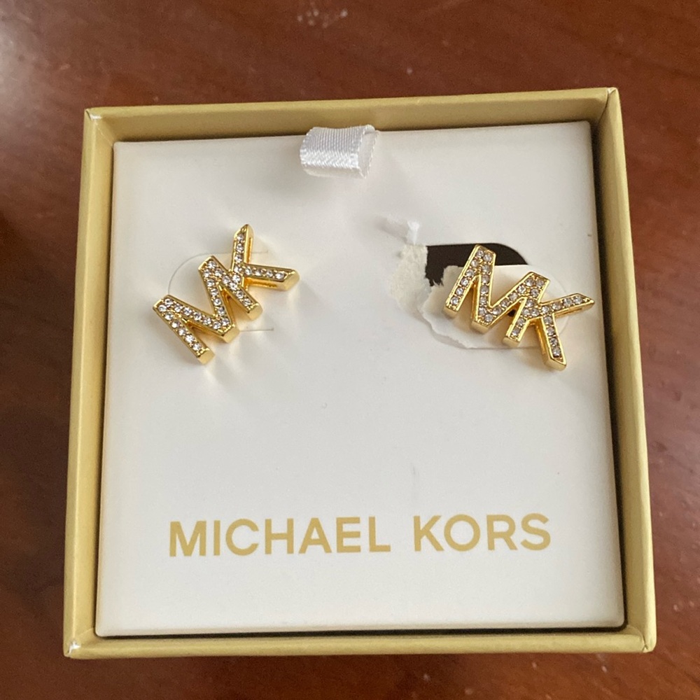 MICHAEL KORS Womens MK Logo Stud Earrings Pave Crystals Gold Tone Glitz
